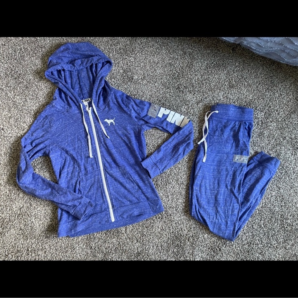 Victoria’s Secret PINK Bundle Merle Blue Jogger Pant and Zip Hoodie Sweatsuit